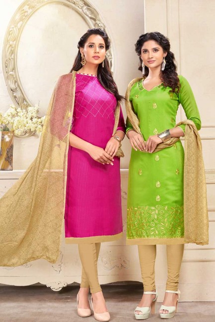Rani rose et coton de couleur vert clair et Chanderi combo costume churidar