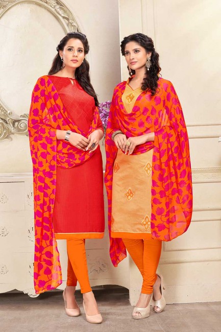 coton de couleur rouge et beige et Chanderi combo costume churidar