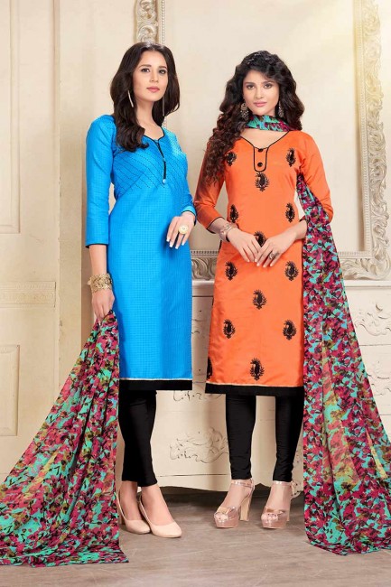 coton de couleur bleu et orange et costume Chanderi churidar