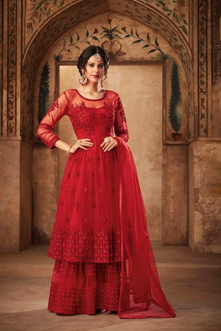 costume Anarkali net de couleur rouge