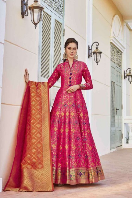 Pink Jacquard Anarkali Suit