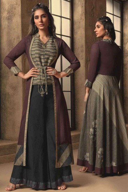 Costume Anarkali Coton Et Soie En Gris