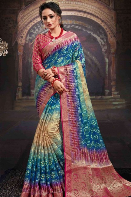 chanderi sari en bleu