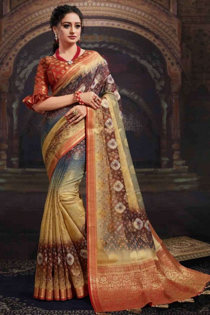 printed sari in shaded brown