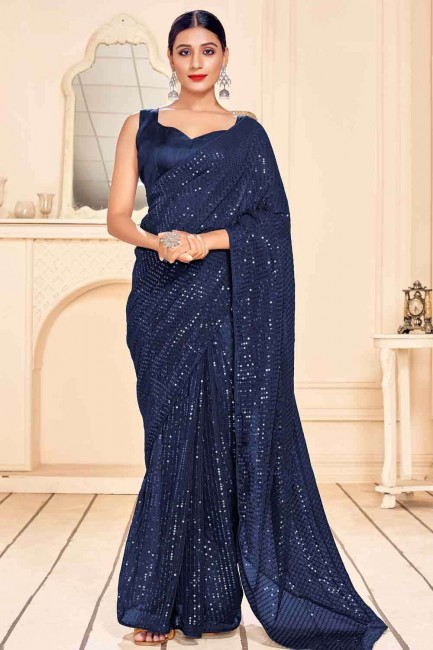 Embroidered Saree in Navy blue