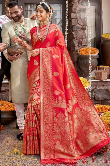 Saree Banarasi en soie brute rouge Banarasi