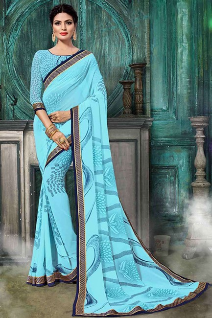 bleu ciel georgette sari