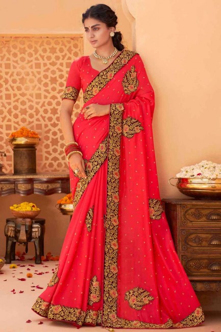 saris rouge torche en soie avec patch