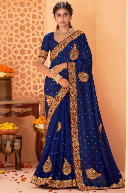 karvachauth sari bleu marine en soie avec patch