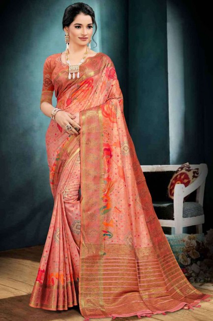 tissage sari en coton saumon foncé avec chemisier