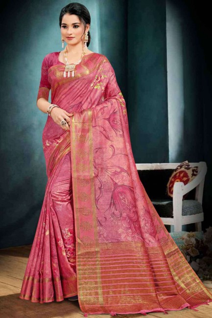 sari en coton rose tulipe avec tissage