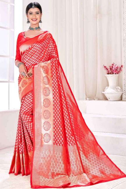 diwali sari indien du sud rouge corail tissage jacquard et soie avec chemisier
