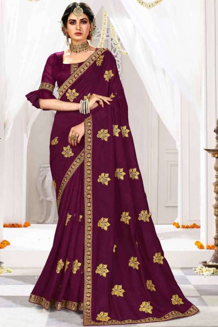 sari en soie d’art pansy purple avec pierre
