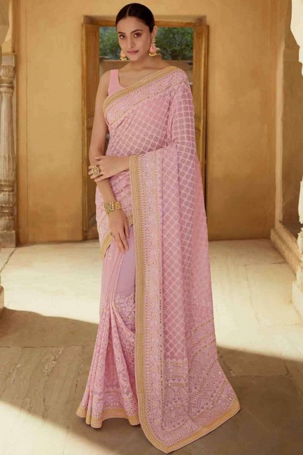 sari rose en georgette avec fil