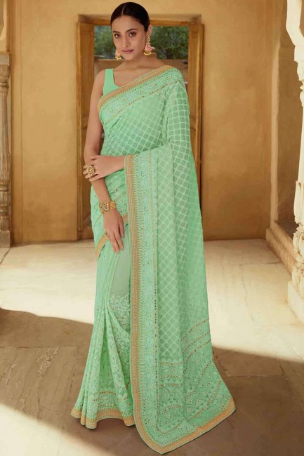 fil pierre avec moti georgette saris vert avec chemisier