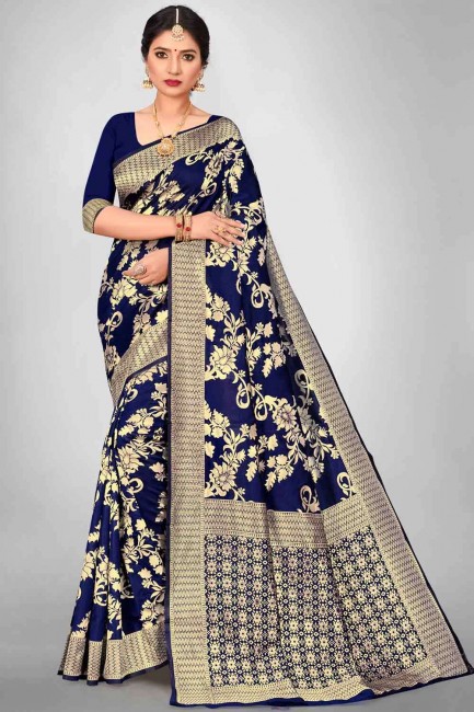 deep cove blue south indian sari with weaving art silk
