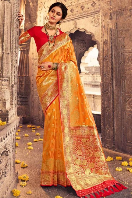 papaye orange banarasi soie brute banarasi sari avec tissage