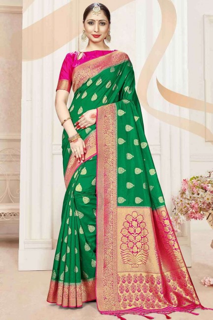 dartmouth green banarasi sari in raw silk with weaving