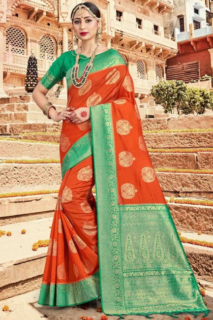Saree Banarasi en soie orange poussiéreux avec tissage