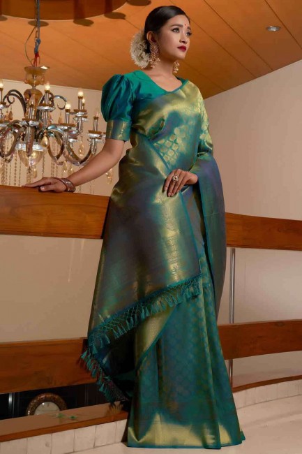 saris vert sarcelle du sud de l’Inde avec tissage de soie brute