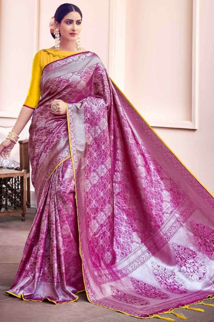 Weaving Banarasi raw silk Banarasi Saree in Violet with Blouse