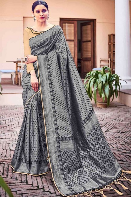 Banarasi Saree en soie brute Banarasi noire avec tissage