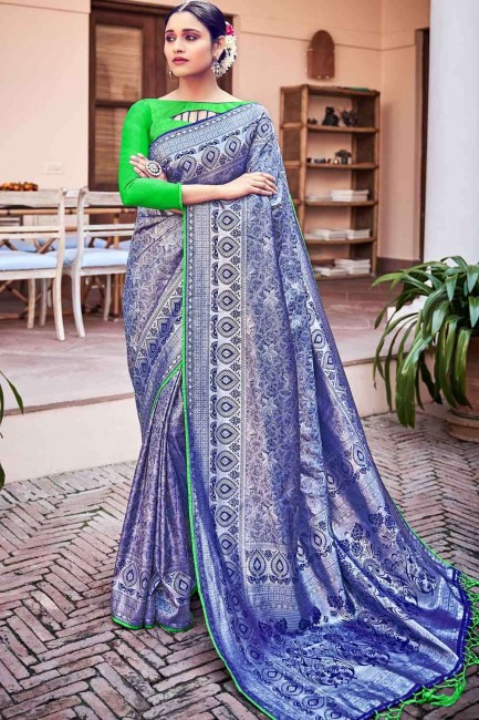 Banarasi soie brute Banarasi Saree avec travail de créateur de tissage en bleu