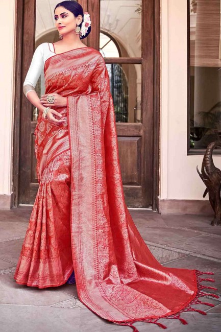 Tissage Designer Work Banarasi soie brute Banarasi Saree en rouge avec chemisier