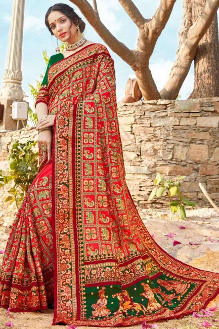 fil sud indien sari en satin rouge et soie