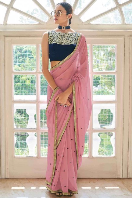 peach sari with beads art silk