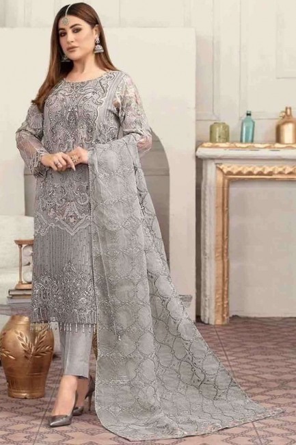 costume gris brodé faux georgette pakistanais