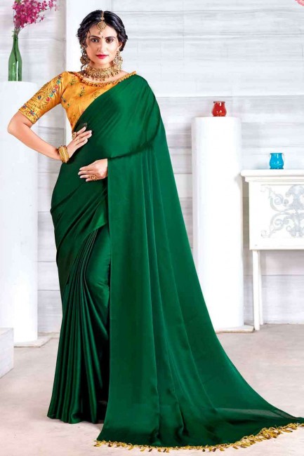 chinon mousseline sari en vert avec pierre