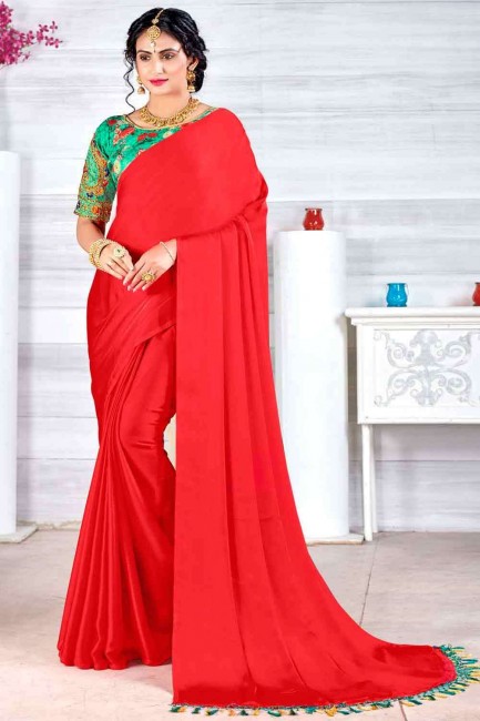 chinon pierre mousseline rouge sari avec chemisier