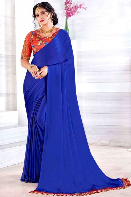 saris en mousseline de chinon avec pierre en bleu royal