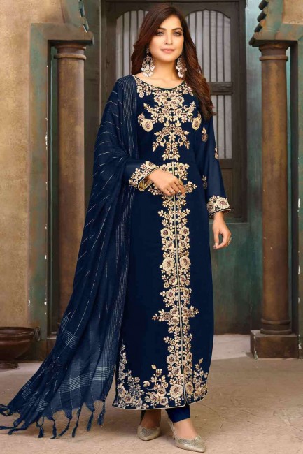 costume pakistanais brodé faux georgette en bleu