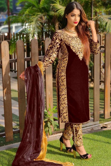 costume pakistanais brodé de velours de vin avec dupatta