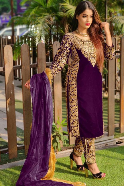 costume pakistanais violet brodé velours avec dupatta