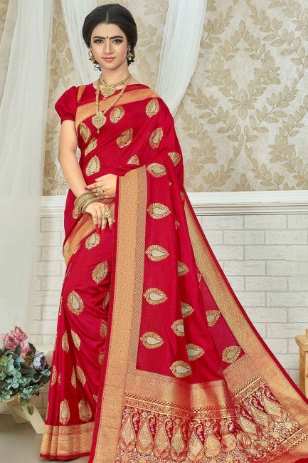 sari rouge des indes du sud en soie avec tissage