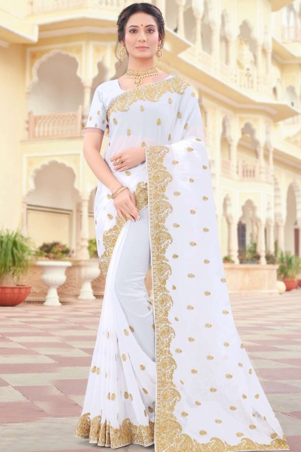 georgette party wear sari en blanc avec broderie