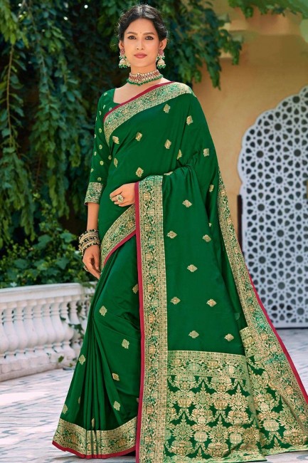 tissage de soie vert party wear sari avec chemisier