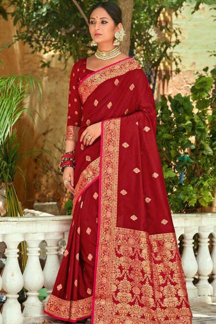 tenue de soirée sari en soie rouge avec tissage