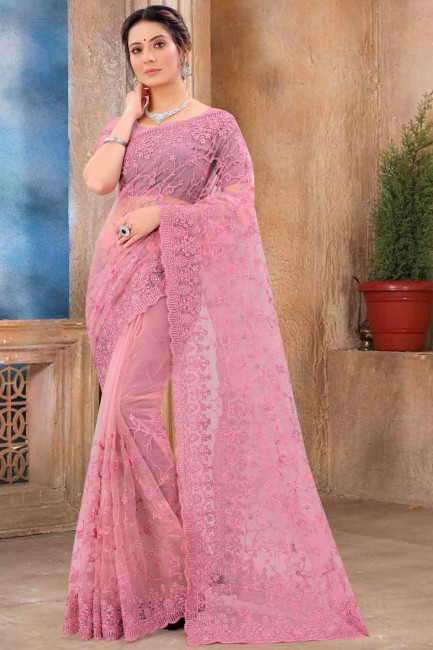 sari de mariage rose en filet avec resham