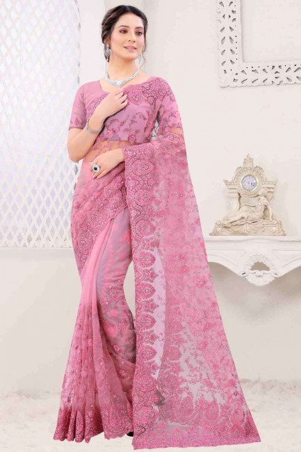 sari de mariage en filet rose avec zircon resham