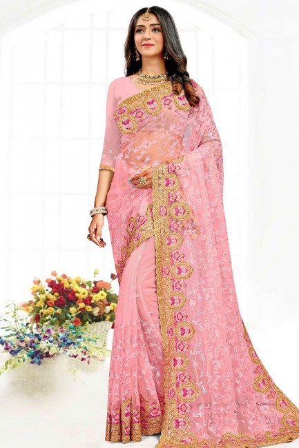 vêtement de fête sari en filet rose avec resham, pierre, brodé