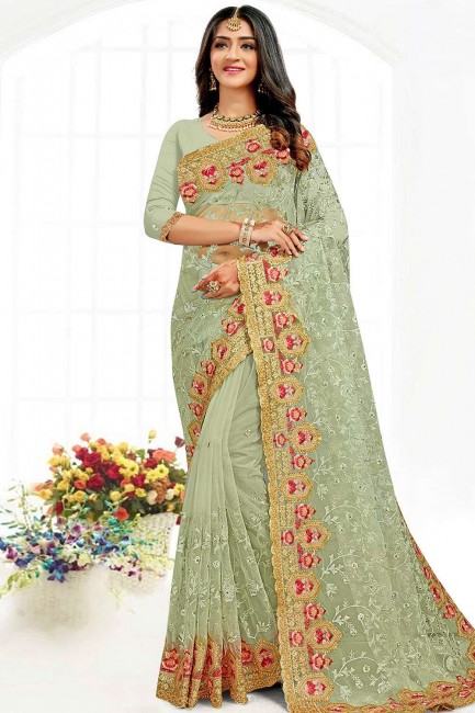 net party porter sari en pista avec resham, pierre, brodé