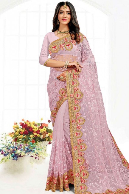 drap de lavande porter sari avec resham, pierre, brodé