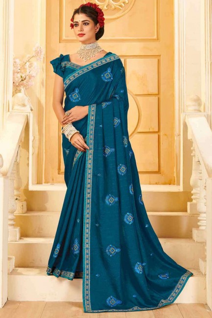 saris bleu sarcelle de soie en fil