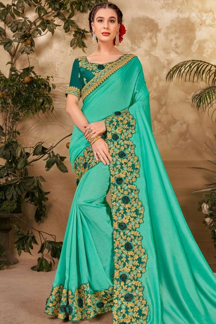 patch turquoise, tenue de soirée brodée sari en soie