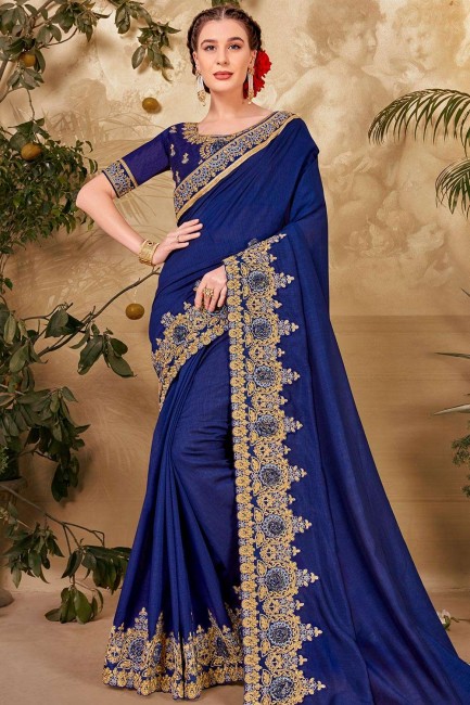 bleu party wear sari en patch, soie brodée