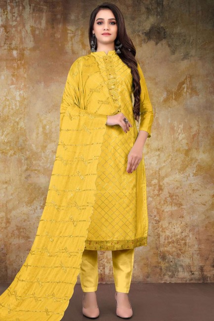 Straight Pant Suit in Yellow model Chanderi  with Embroidered